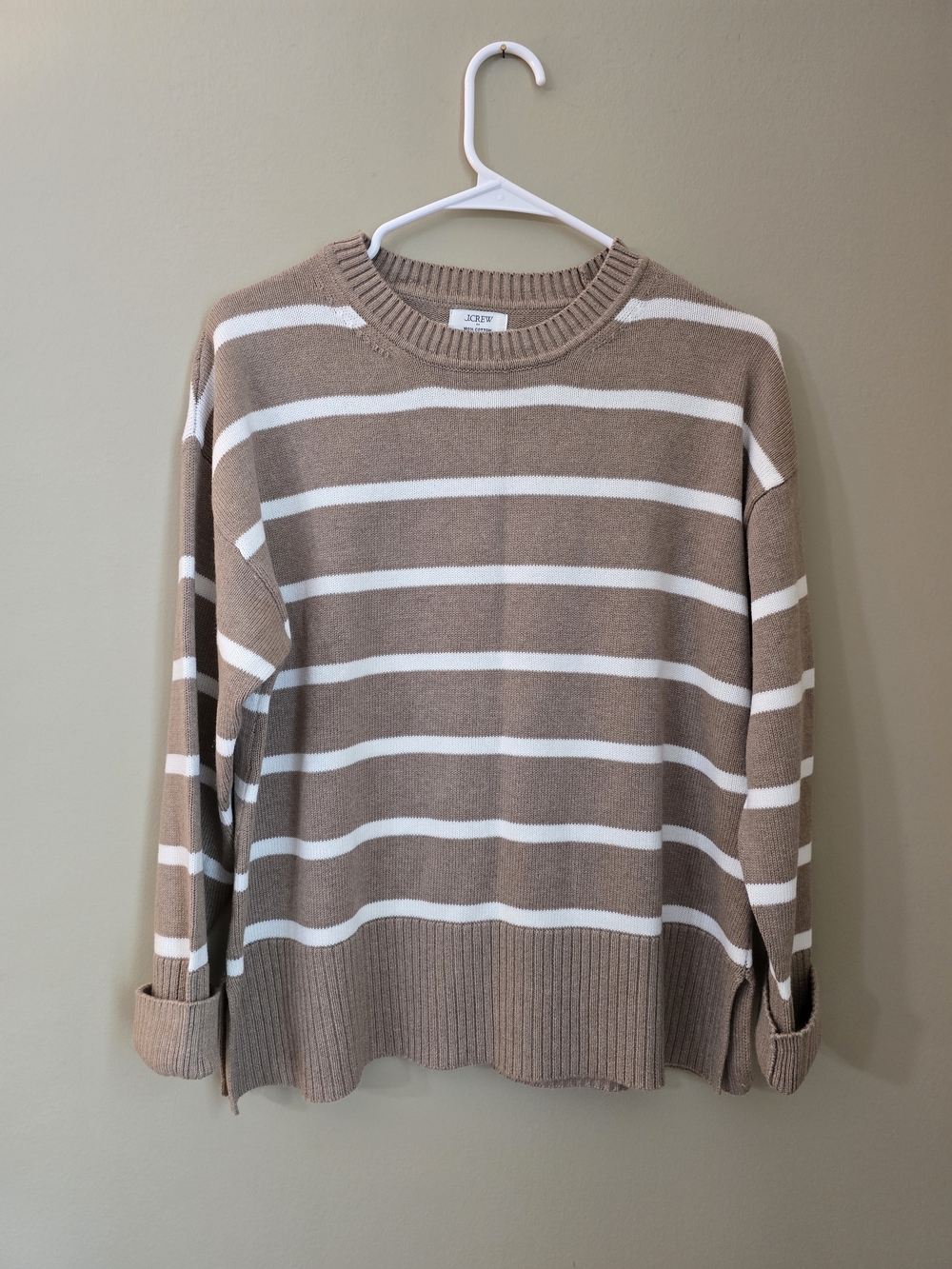 J.Crew Women Cotton Striped Crewneck Sweater in Beige and White Size S
